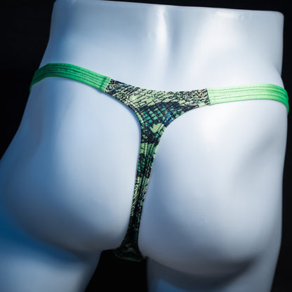 Men's green metallic snakeskin thong underwear, classic cut, rear view.