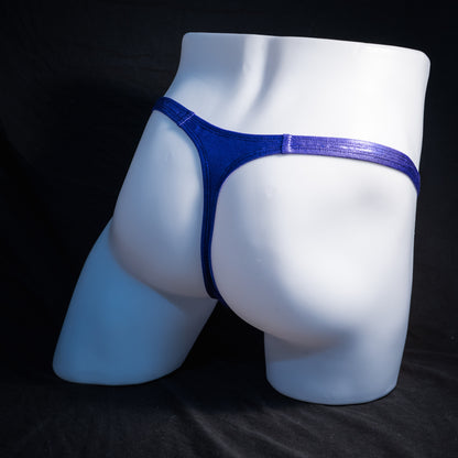 Men's purple metallic thong underwear, classic cut, rear view.