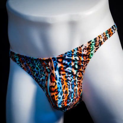 Men's colorful cheetah thong underwear, classic cut angled front view.