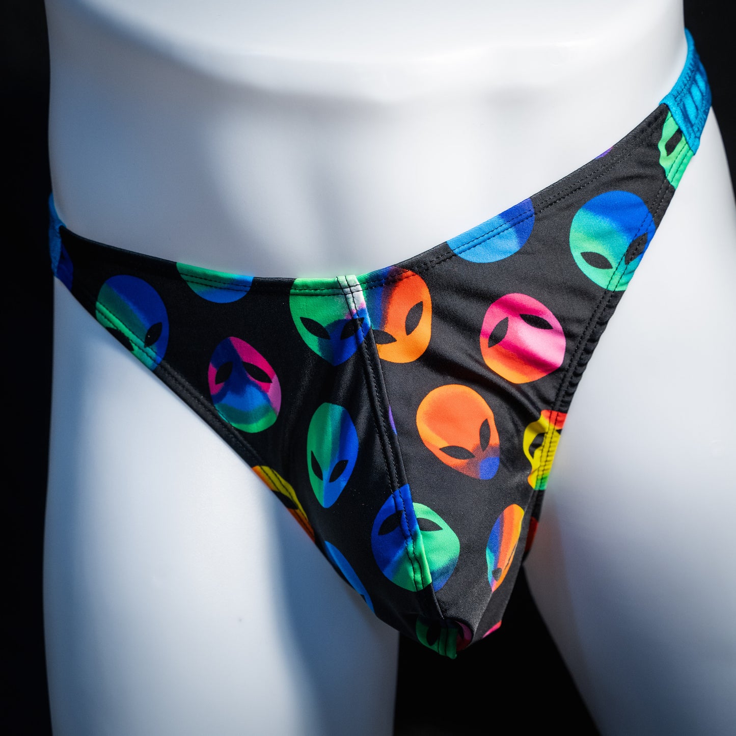 Men's alien print thong underwear, full thong front, front view.