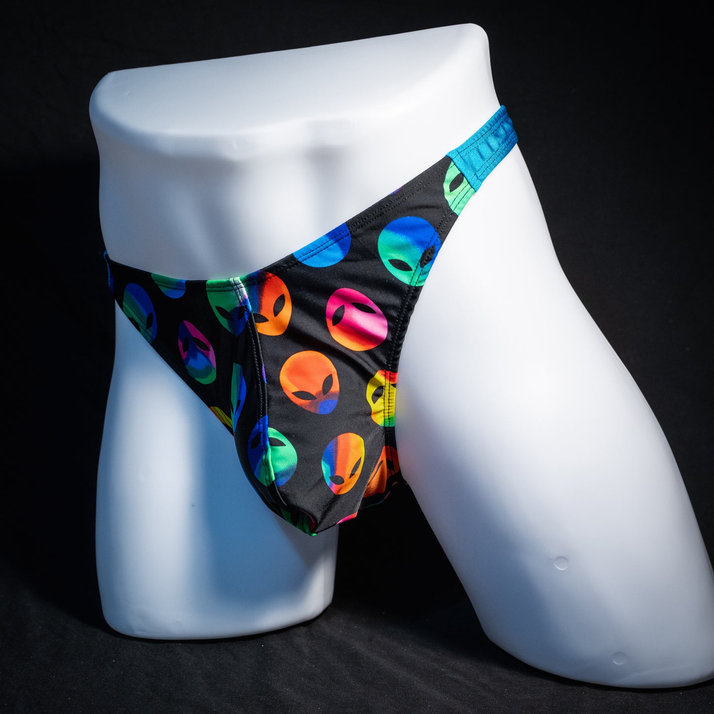 Men's alien print thong underwear, full thong front, front view.