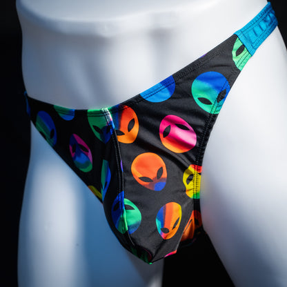 Men's alien print thong underwear, full thong front, front view.