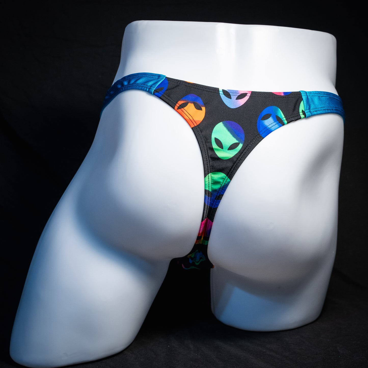 Men's alien print thong underwear, full thong front, rear view.