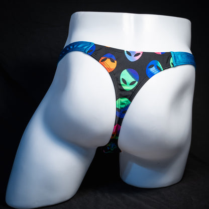 Men's alien print thong underwear, full thong front, rear view.