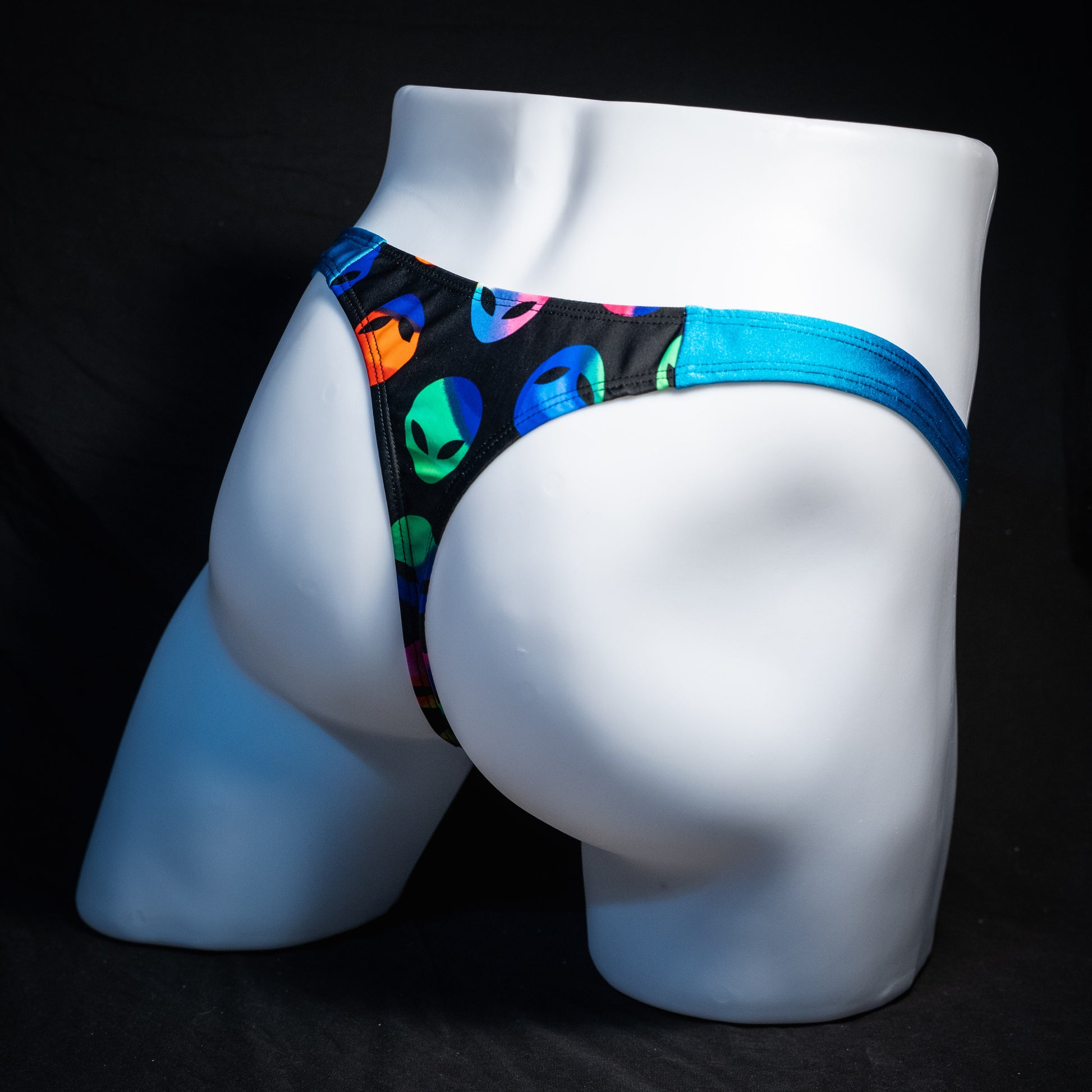 Men's alien print thong underwear, full thong front, rear view.