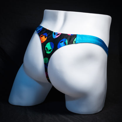Men's alien print thong underwear, full thong front, rear view.