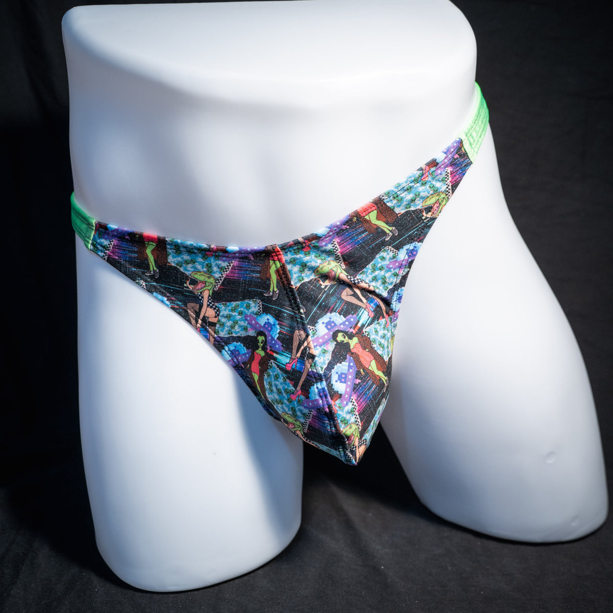 Men's alien themed thong underwear, classic cut, front view.