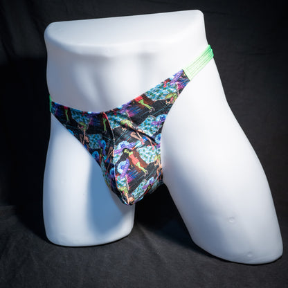 Men's alien themed thong underwear, classic cut, front view.