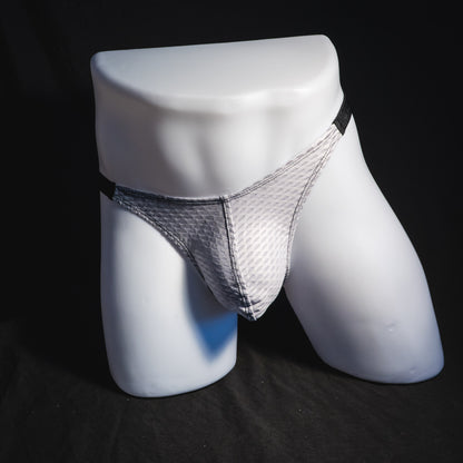 Men's ash white and black athletic mesh thong underwear, classic cut, front view.