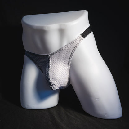 Men's ash white and black athletic mesh thong underwear, classic cut, full angled front view.