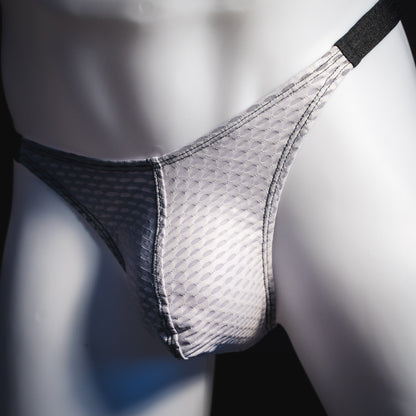 Men's ash white and black athletic mesh thong underwear, classic cut, angled front view.