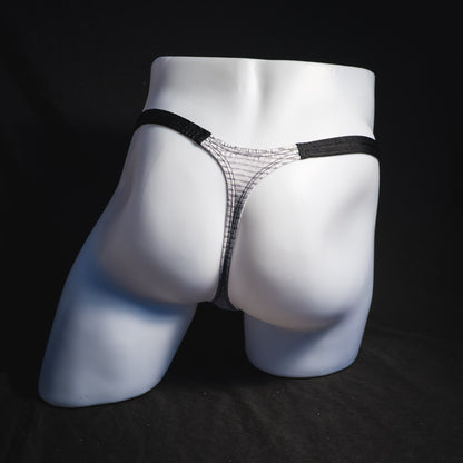 Men's ash white and black athletic mesh thong underwear, classic cut, full rear view.