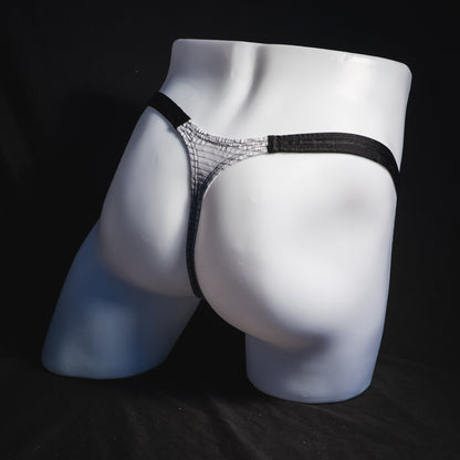 Men's ash white and black athletic mesh thong underwear, classic cut, full angled rear view.