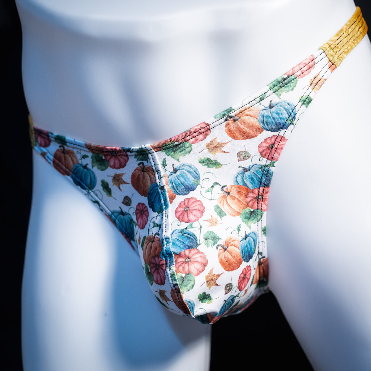 Men's colorful autumn pumpkins thong underwear, classic cut, front view.