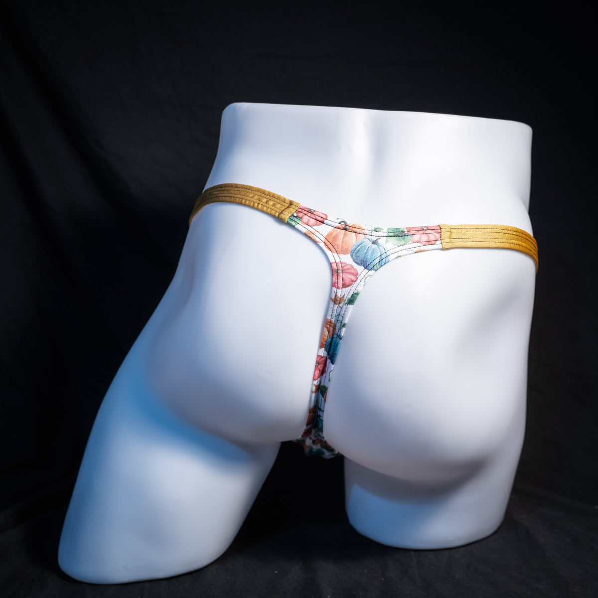 Men's colorful autumn pumpkins thong underwear, classic cut, rear view.