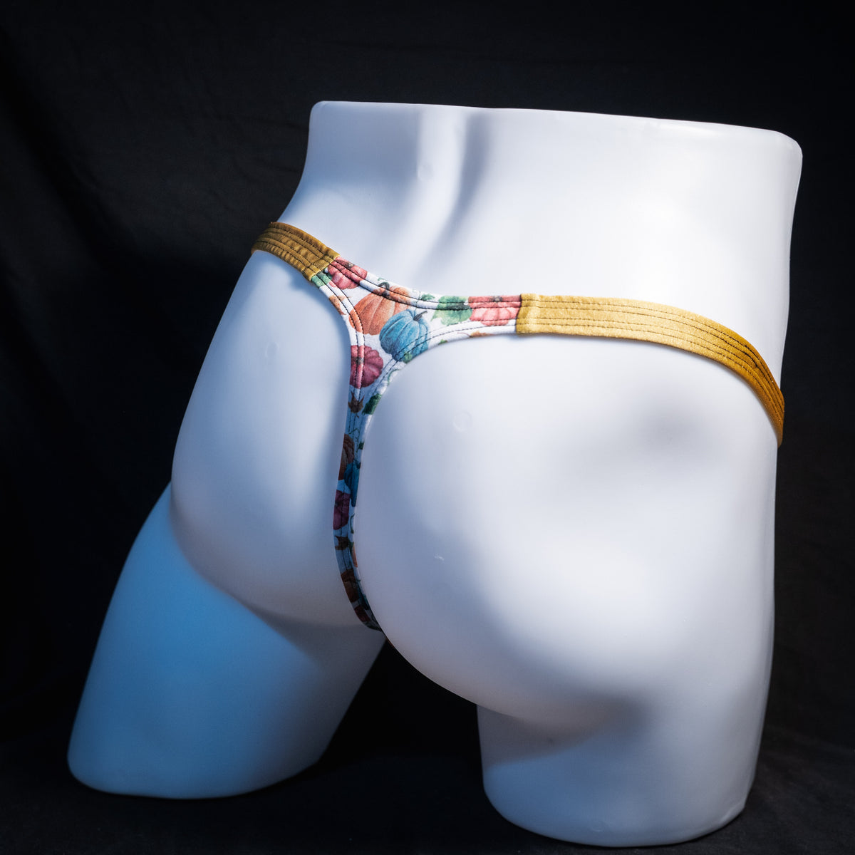 Men's colorful autumn pumpkins thong underwear, classic cut, rear view.