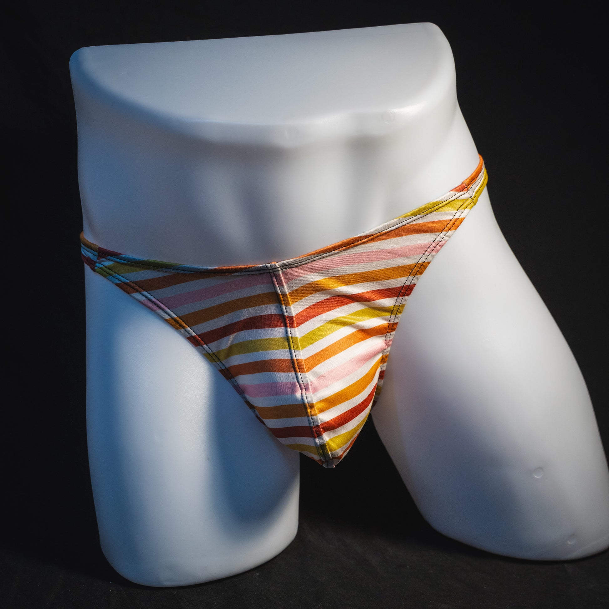 Men's Autumn striped thong underwear, classic cut, full front view.