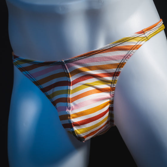 Men's Autumn striped thong underwear, classic cut, angled front view.