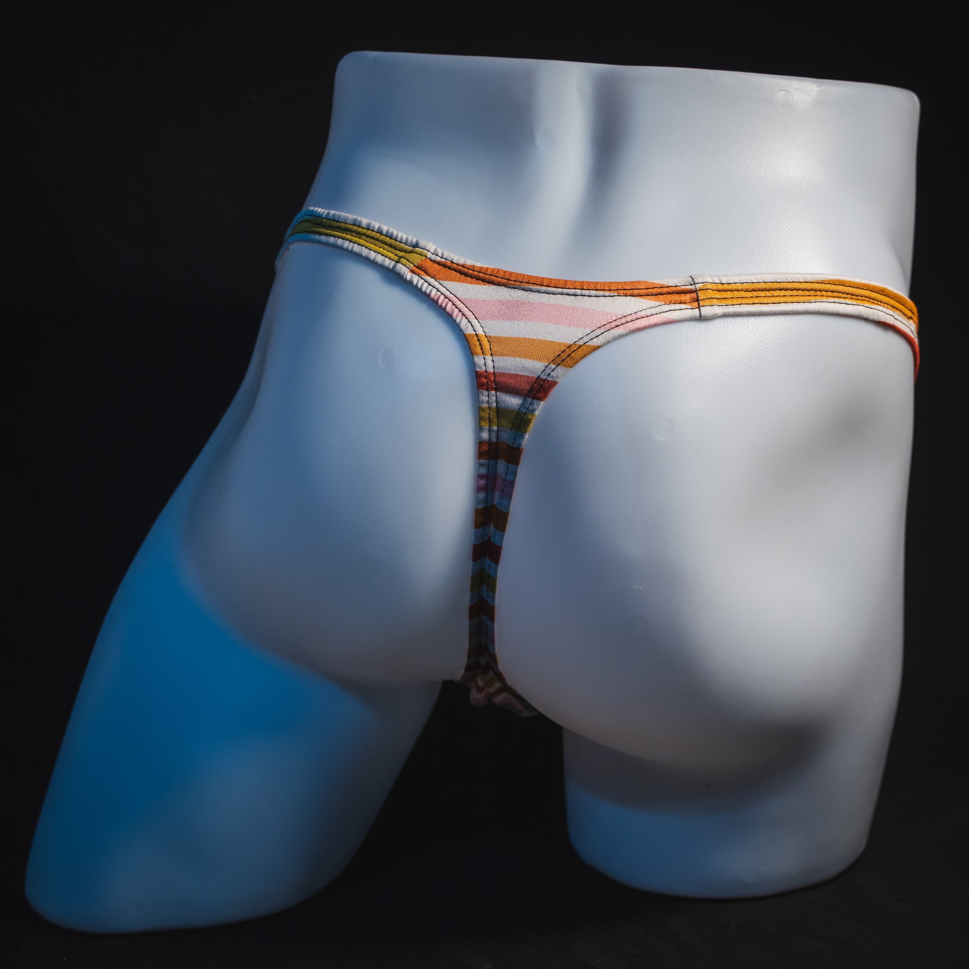Men's Autumn striped thong underwear, classic cut, full rear view.