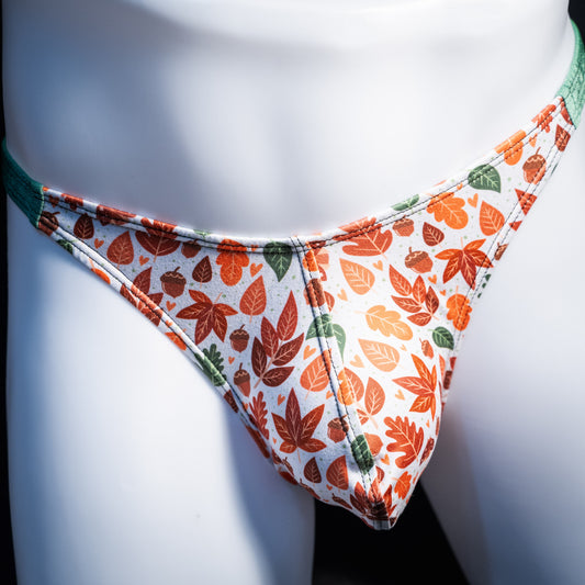 Men's autumn themed thong underwear, classic cut, front view.