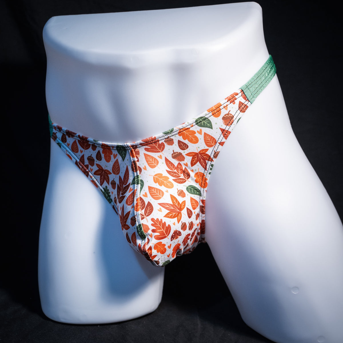 Men's autumn themed thong underwear, classic cut, front view.