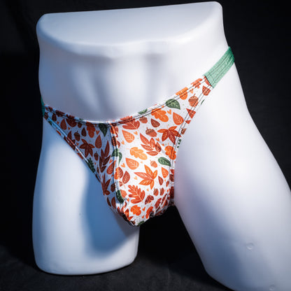 Men's autumn themed thong underwear, classic cut, front view.