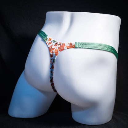 Men's autumn themed thong underwear, classic cut, rear view.