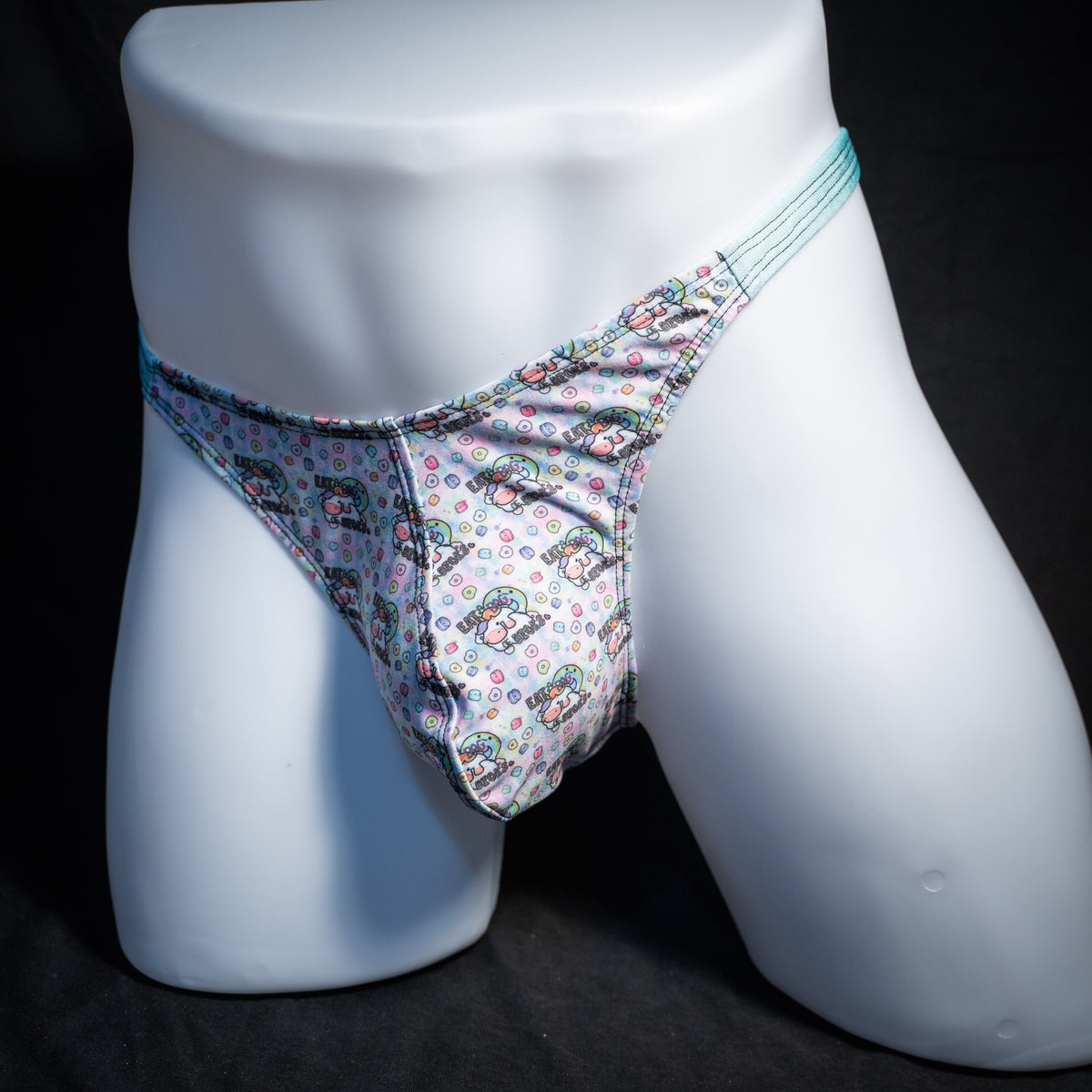 Men's bag of dicks thong underwear, classic cut, front view.