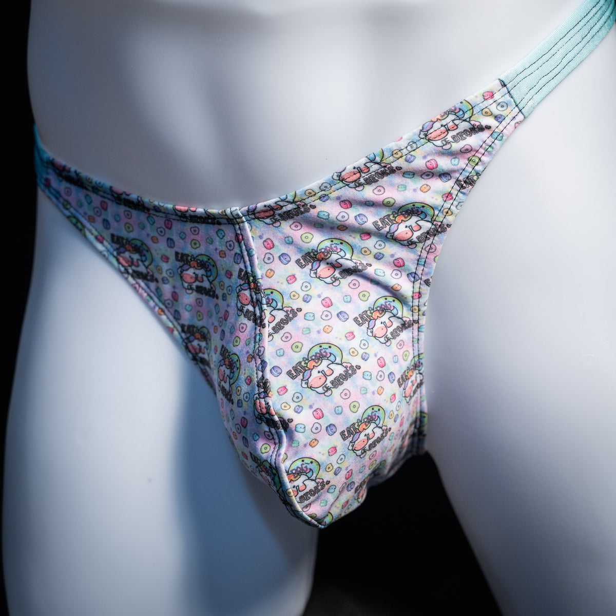 Men's bag of dicks thong underwear, classic cut, front view.
