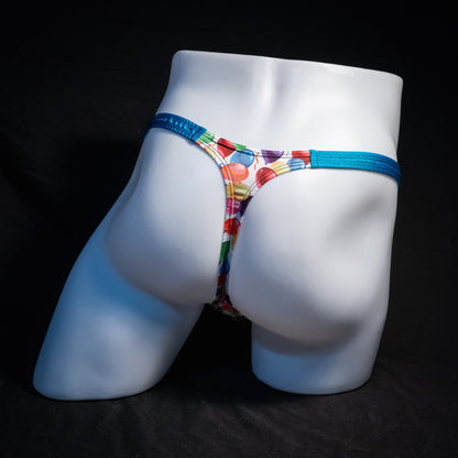 Men's colorful balloons thong underwear, classic cut, rear view.