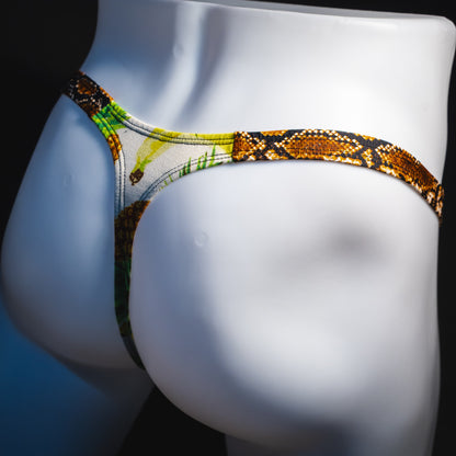 Men's banana hammock with rattlesnake straps thong underwear, classic cut, angled rear view.