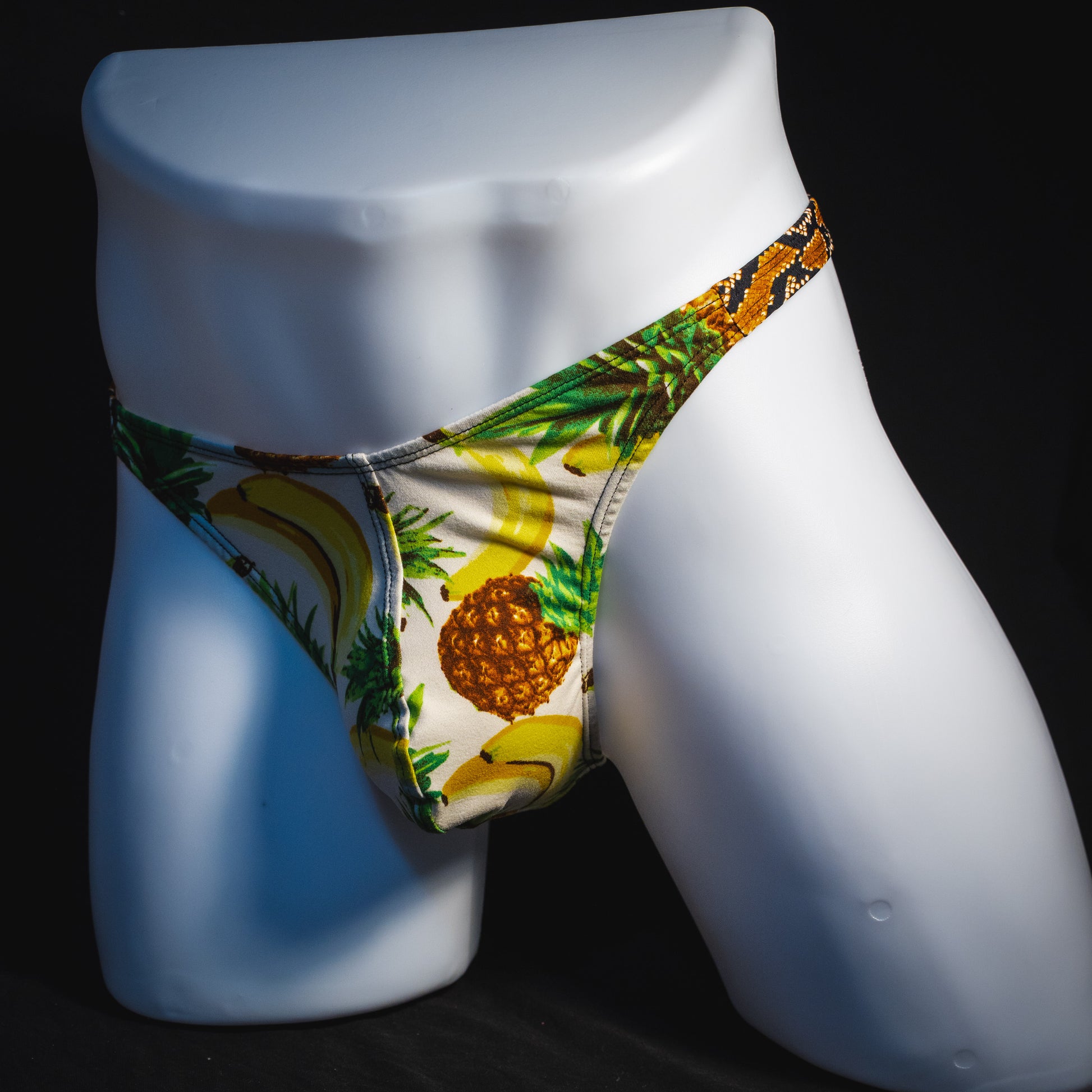 Men's banana hammock with rattlesnake straps thong underwear, classic cut, angled full front view.