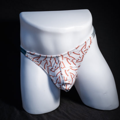 Men's baseball themed thong underwear, classic cut, front view.