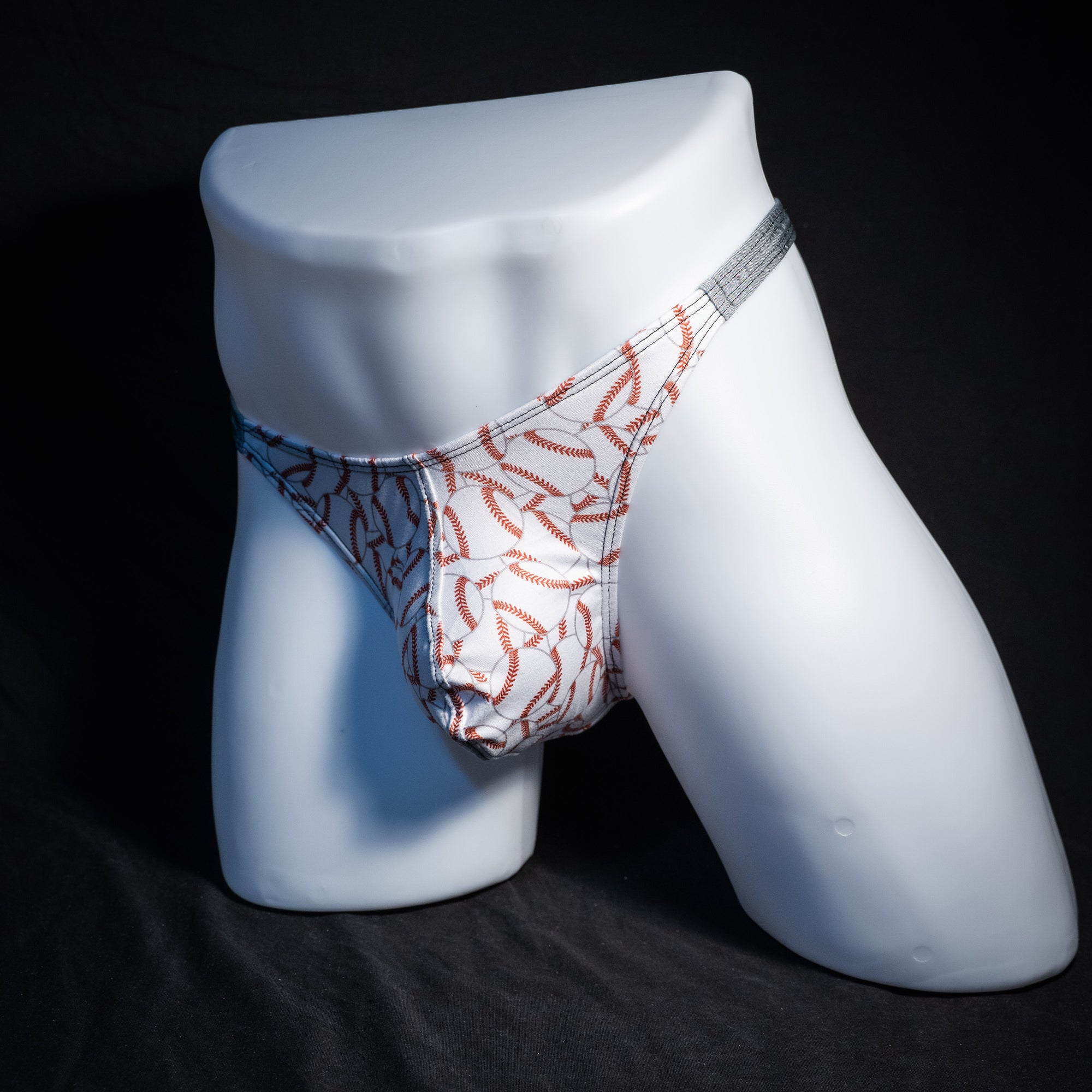 Men's baseball themed thong underwear, classic cut, front view.