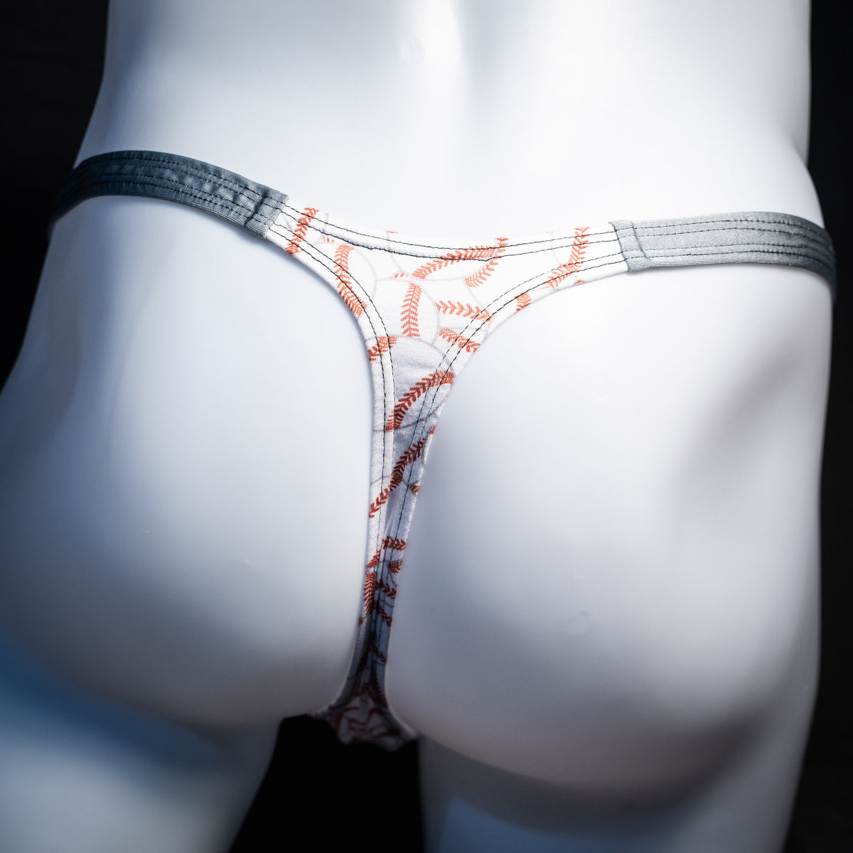 Men's baseball themed thong underwear, classic cut, rear view.