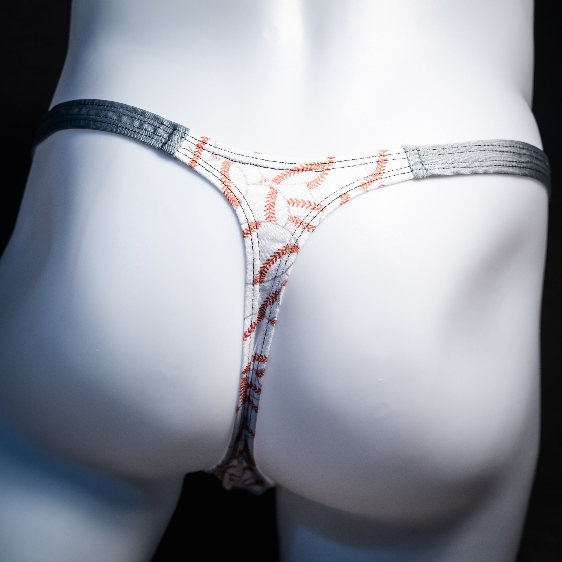 Men's baseball themed thong underwear, classic cut, rear view.