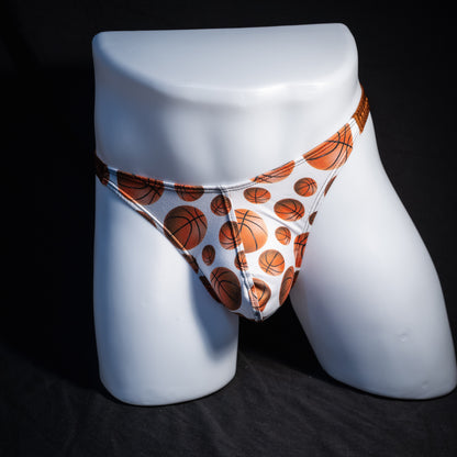 Men's basketball themed thong underwear, classic cut, front view.