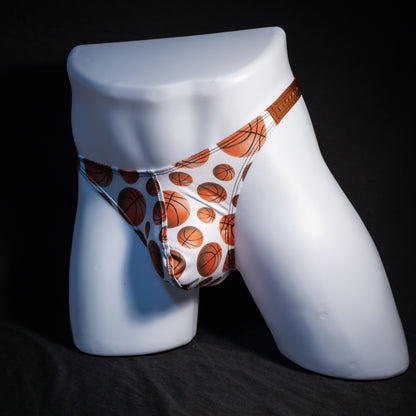 Men's basketball themed thong underwear, classic cut, front view.