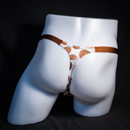 Men's basketball themed thong underwear, classic cut, rear view.