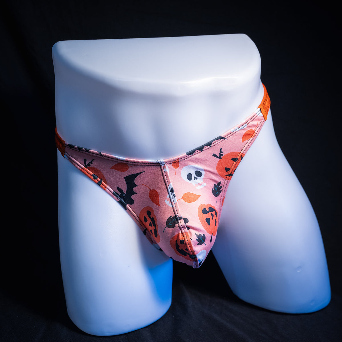 Men's Halloween themed thong underwear, classic cut, front view.