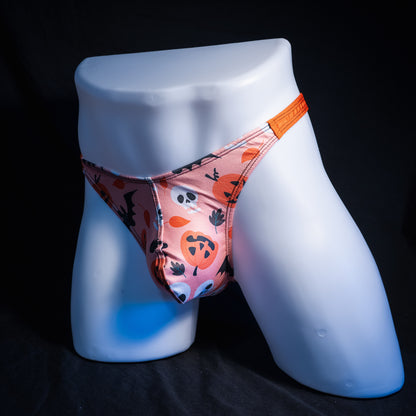 Men's Halloween themed thong underwear, classic cut, front view.