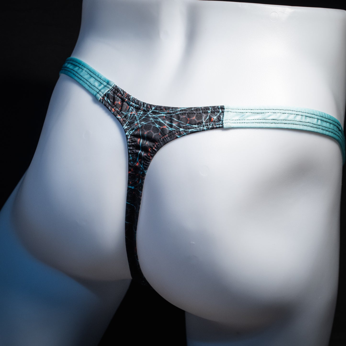Men's black and blue thong underwear, classic cut, rear view.