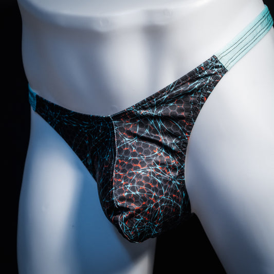 Men's black and blue thong underwear, classic cut, front view.