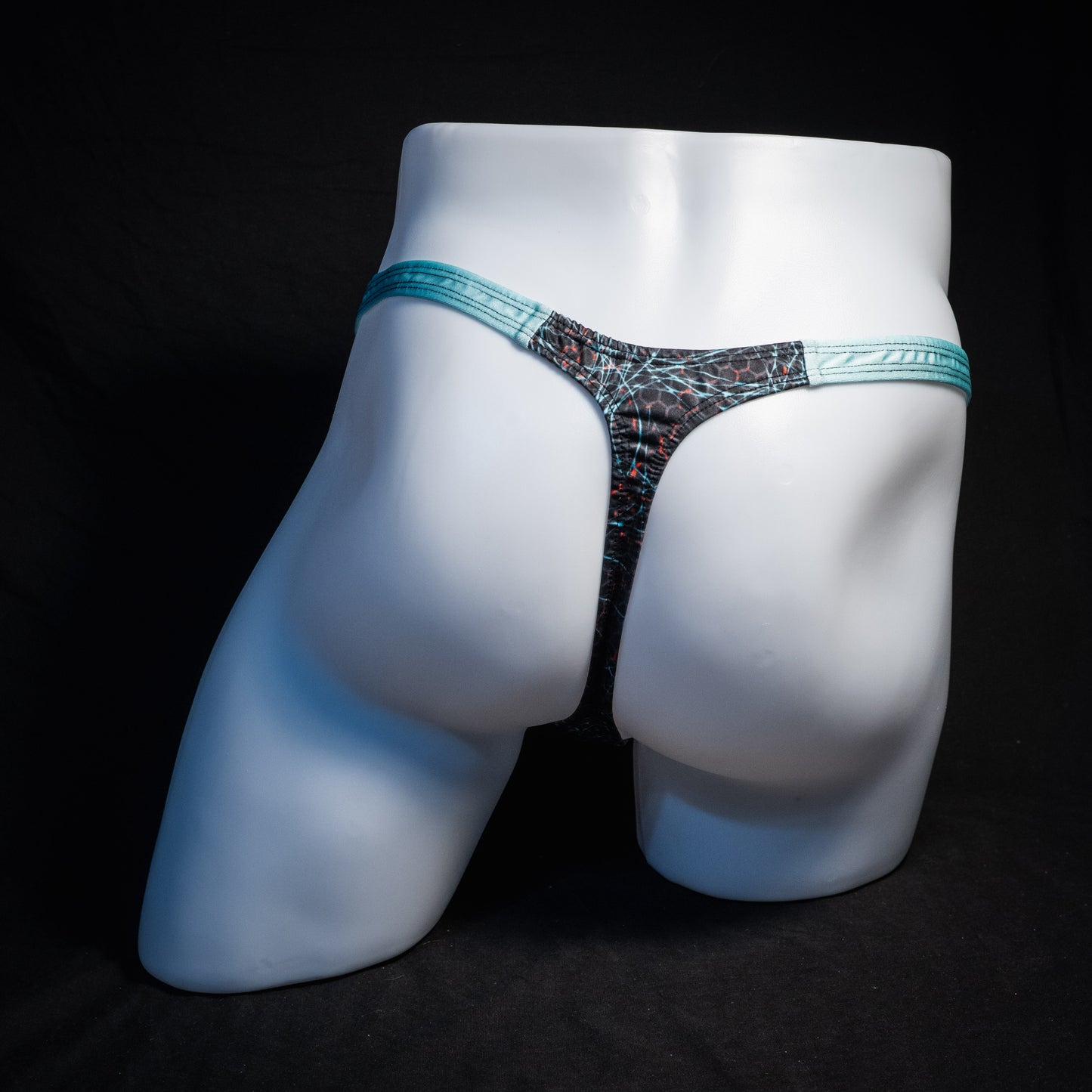 Men's black and blue thong underwear, classic cut, rear view.