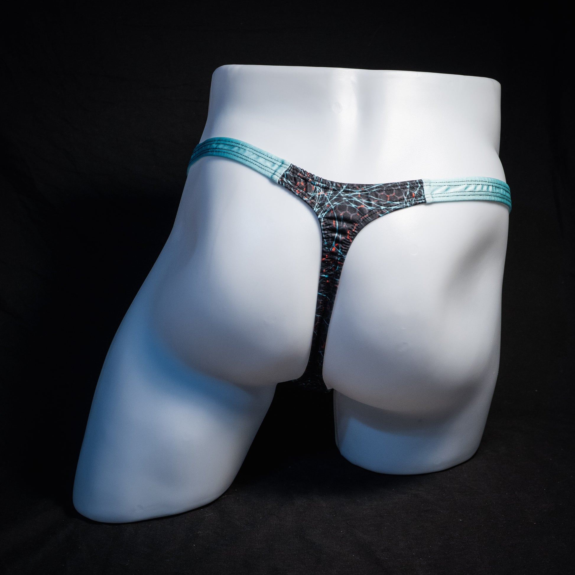 Men's black and blue thong underwear, classic cut, rear view.