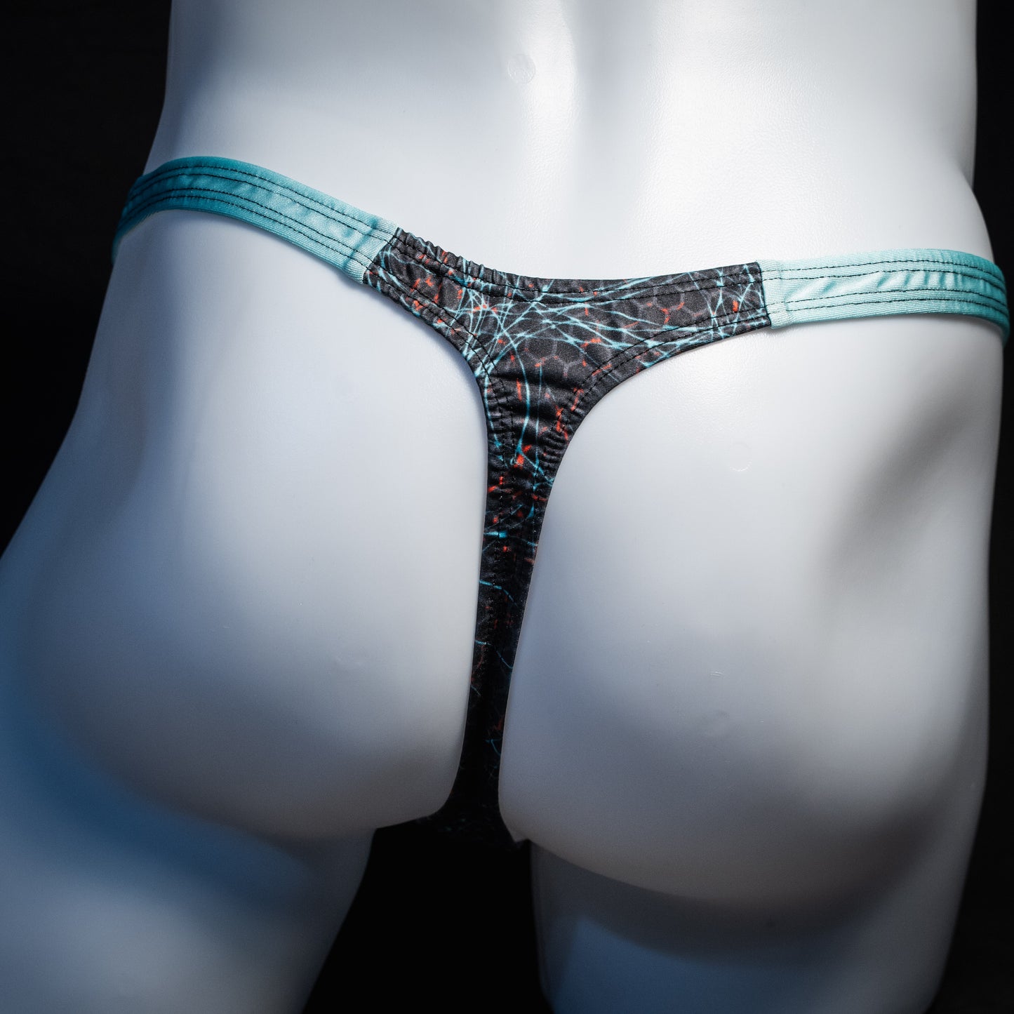 Men's black and blue thong underwear, classic cut, rear view.
