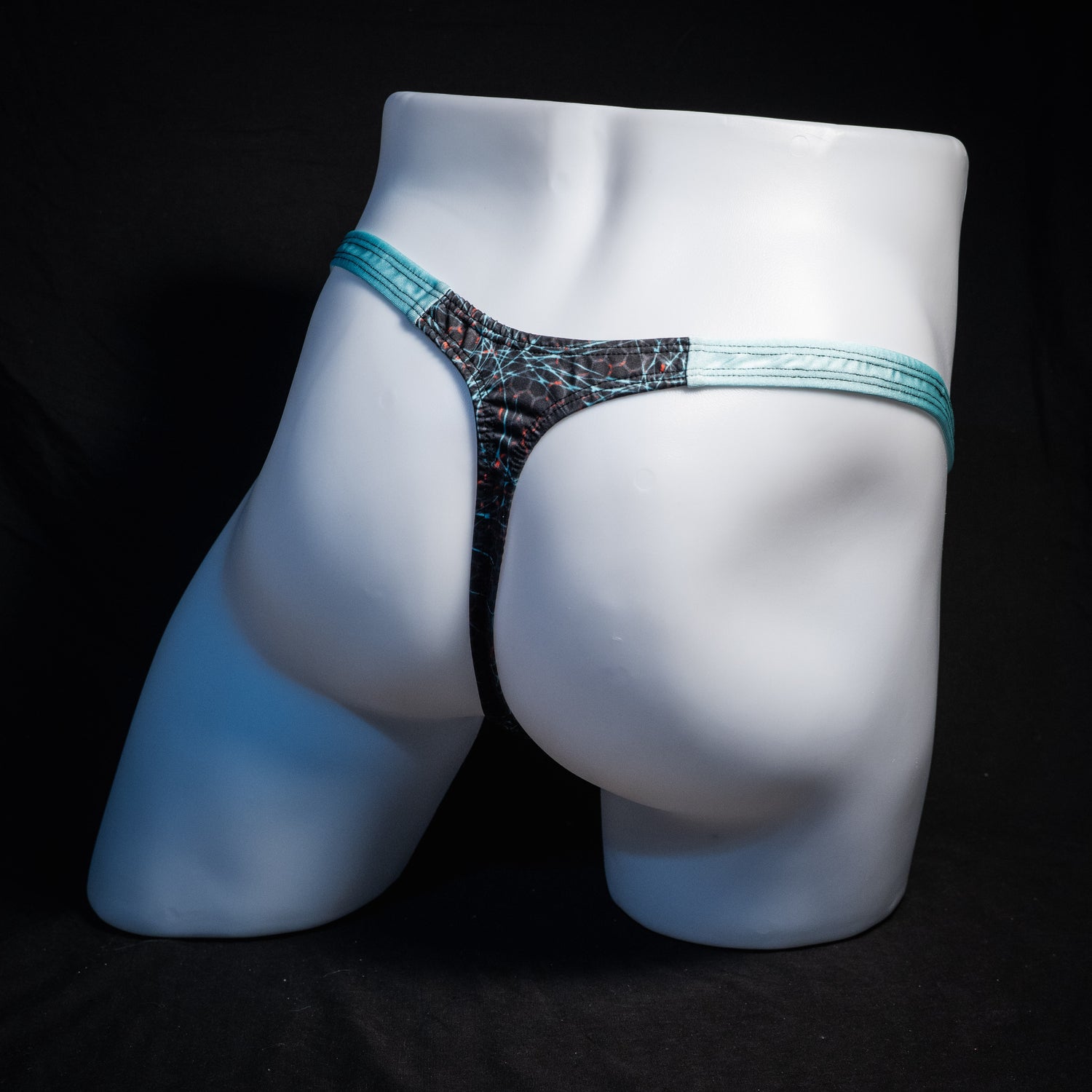 Men's black and blue thong underwear, classic cut, rear view.