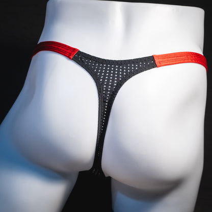 Men's black and red mesh thong underwear, classic cut, rear view.