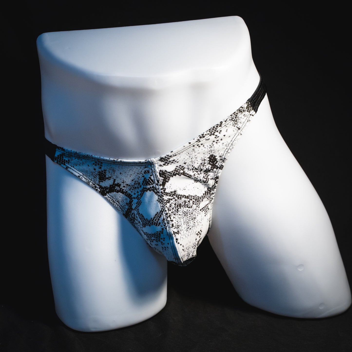 Mens Thong Underwear - White Snakeskin with Black Straps