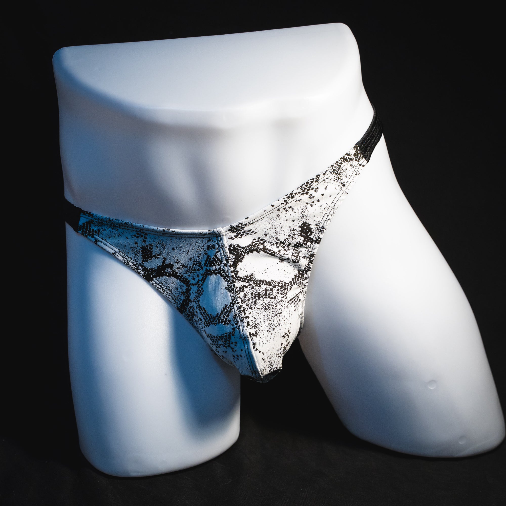 Mens Thong Underwear - White Snakeskin with Black Straps
